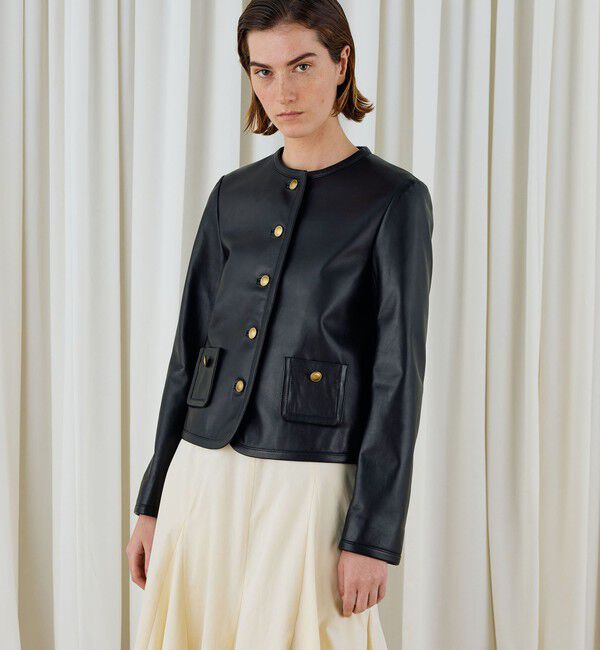 DES PRES「ラムレザー クルーネックジャケット」|ノーカラージャケット|