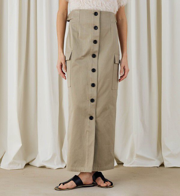 DES PRES「コットンサテン ボタンダウンマキシスカート」|タイト|
