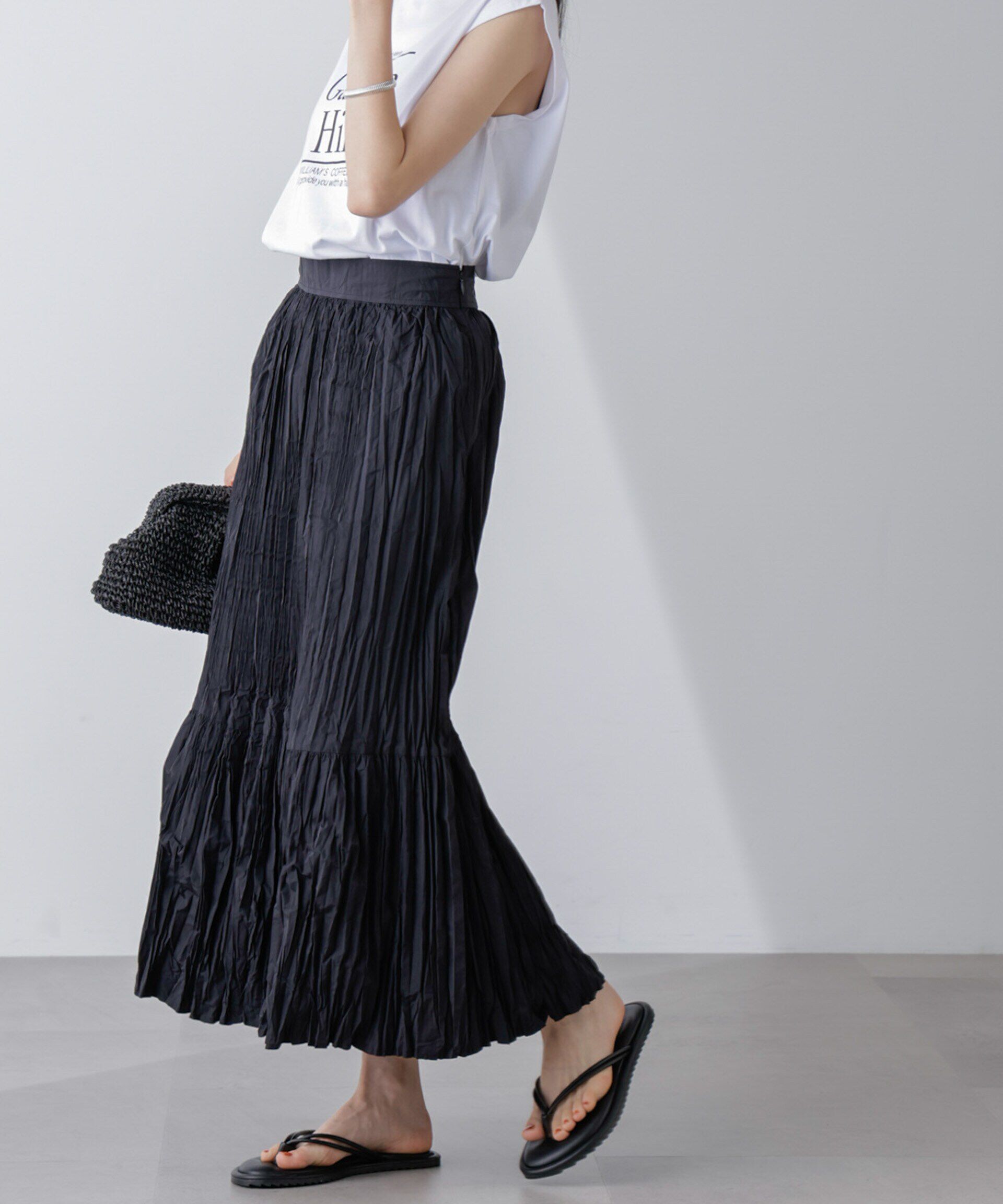 nano･universe「裾切り替えワッシャープリーツスカート」|スカート|ブラック