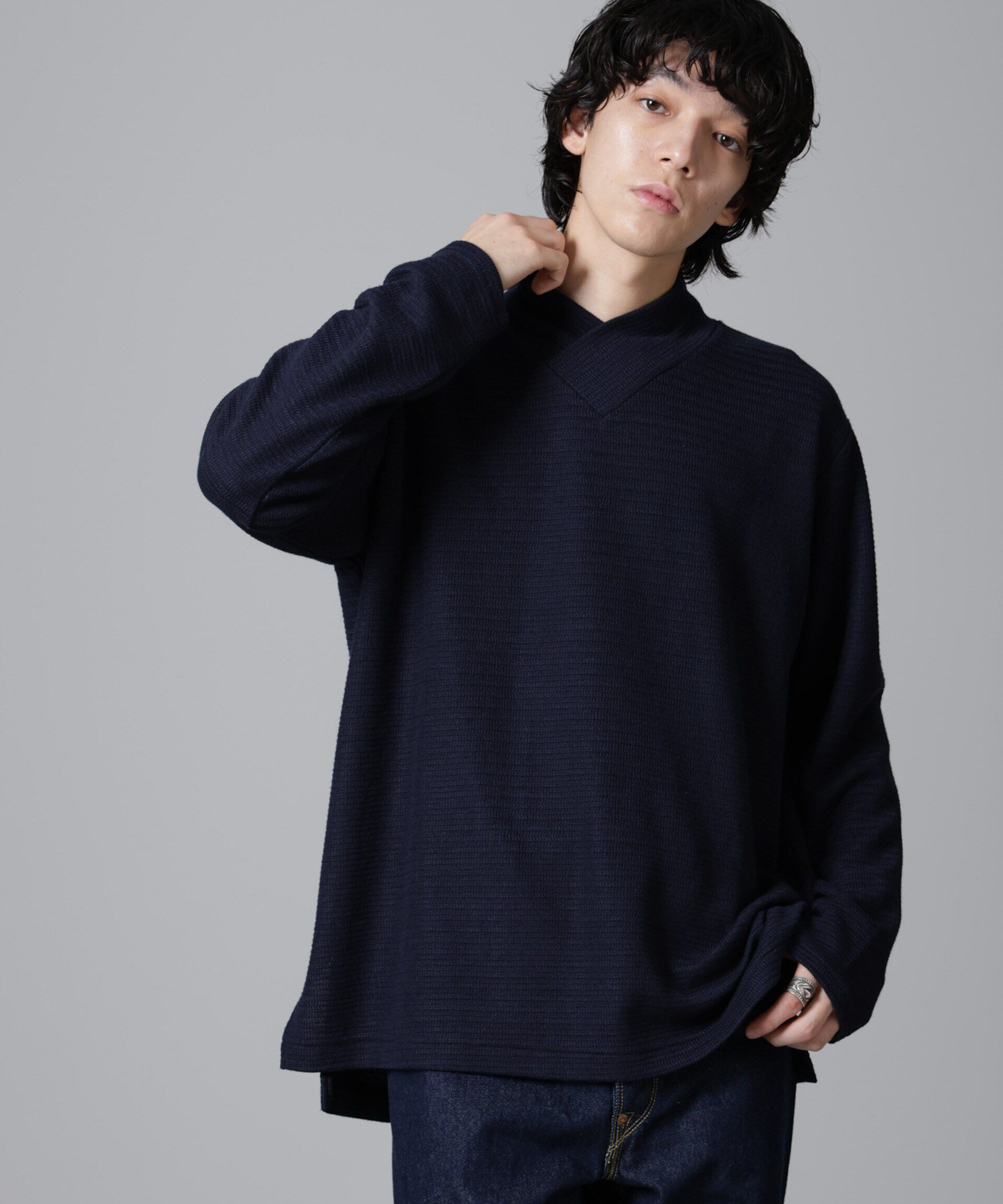 nano･universe「WEB限定/デザインネックサーマルプルオーバー 長袖」|Tシャツ・カットソー|ネイビー