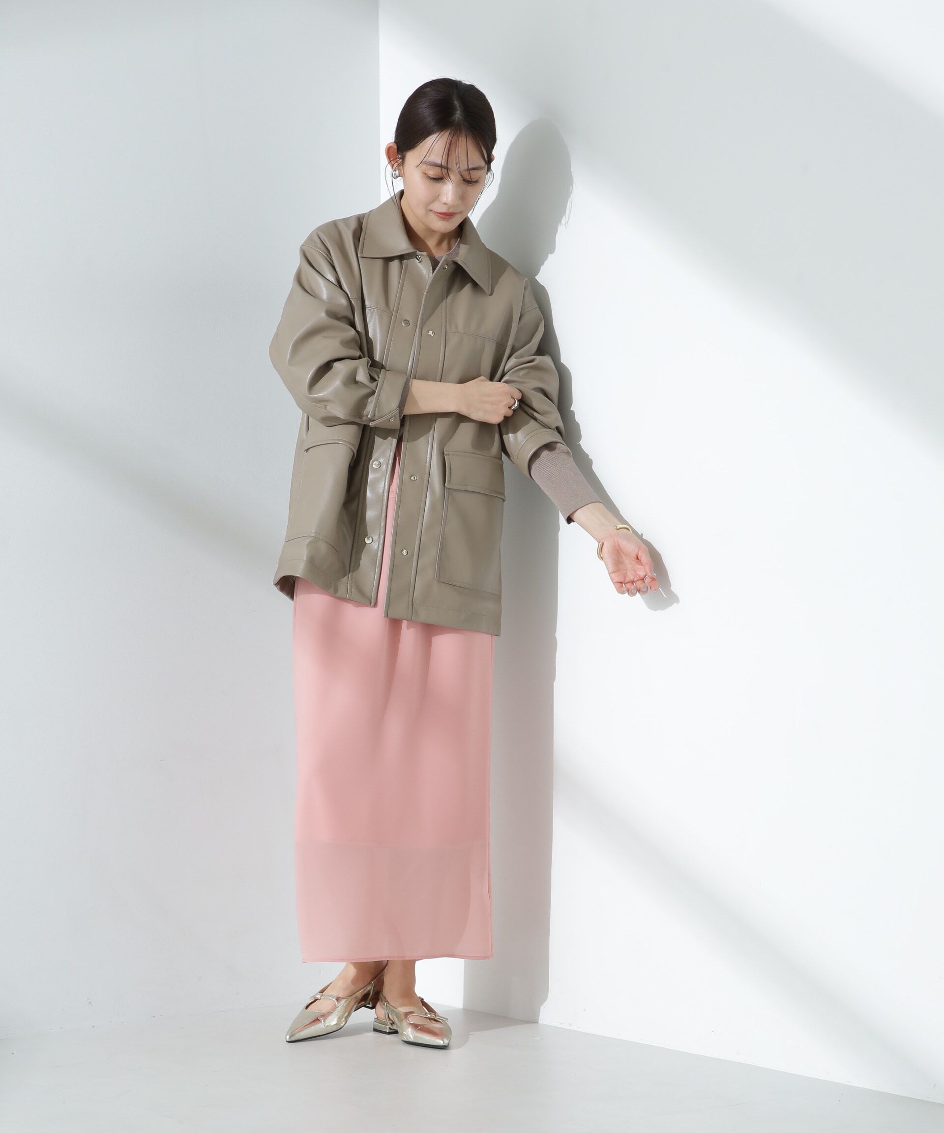 nano･universe「フェイクレザーシャツジャケット」|ブルゾン・スタジャン|