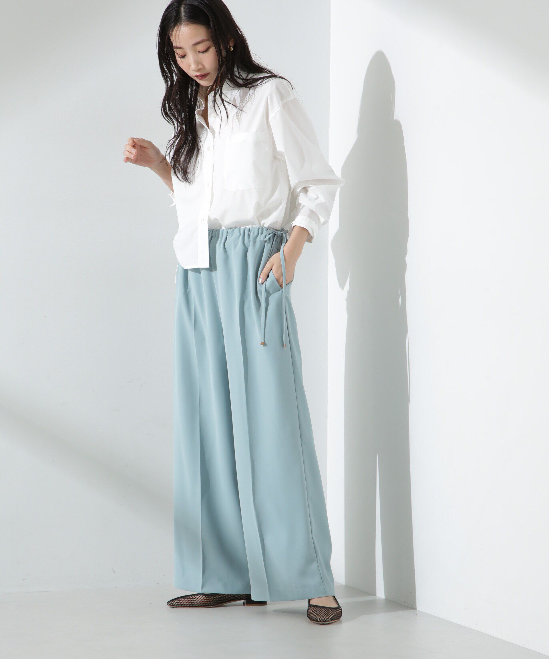 nano･universe「サイドリボンイージーワイドパンツ」|チノ|