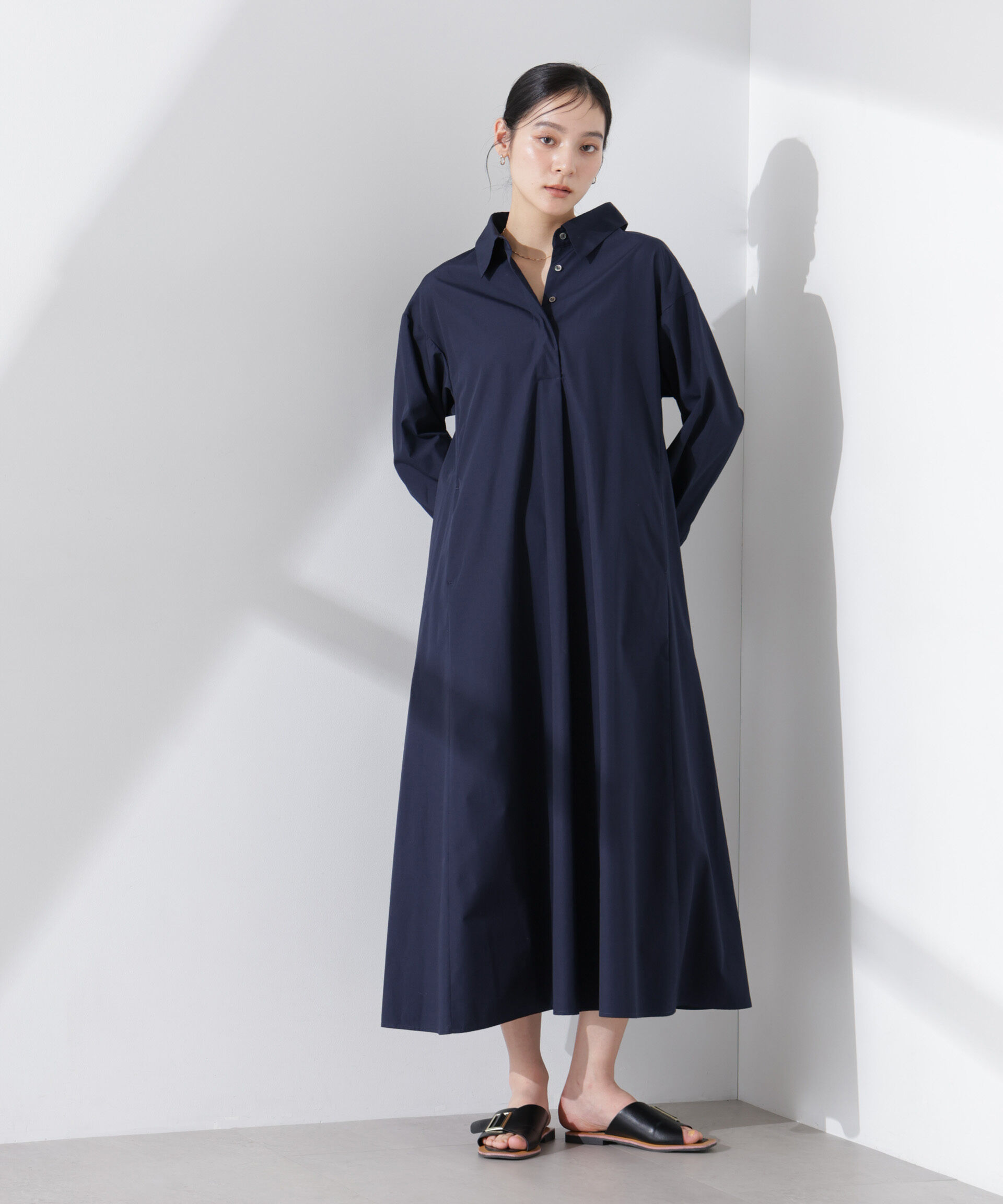 nano･universe「ニュアンスカラーフレアシャツワンピース」|ワンピース|ネイビー