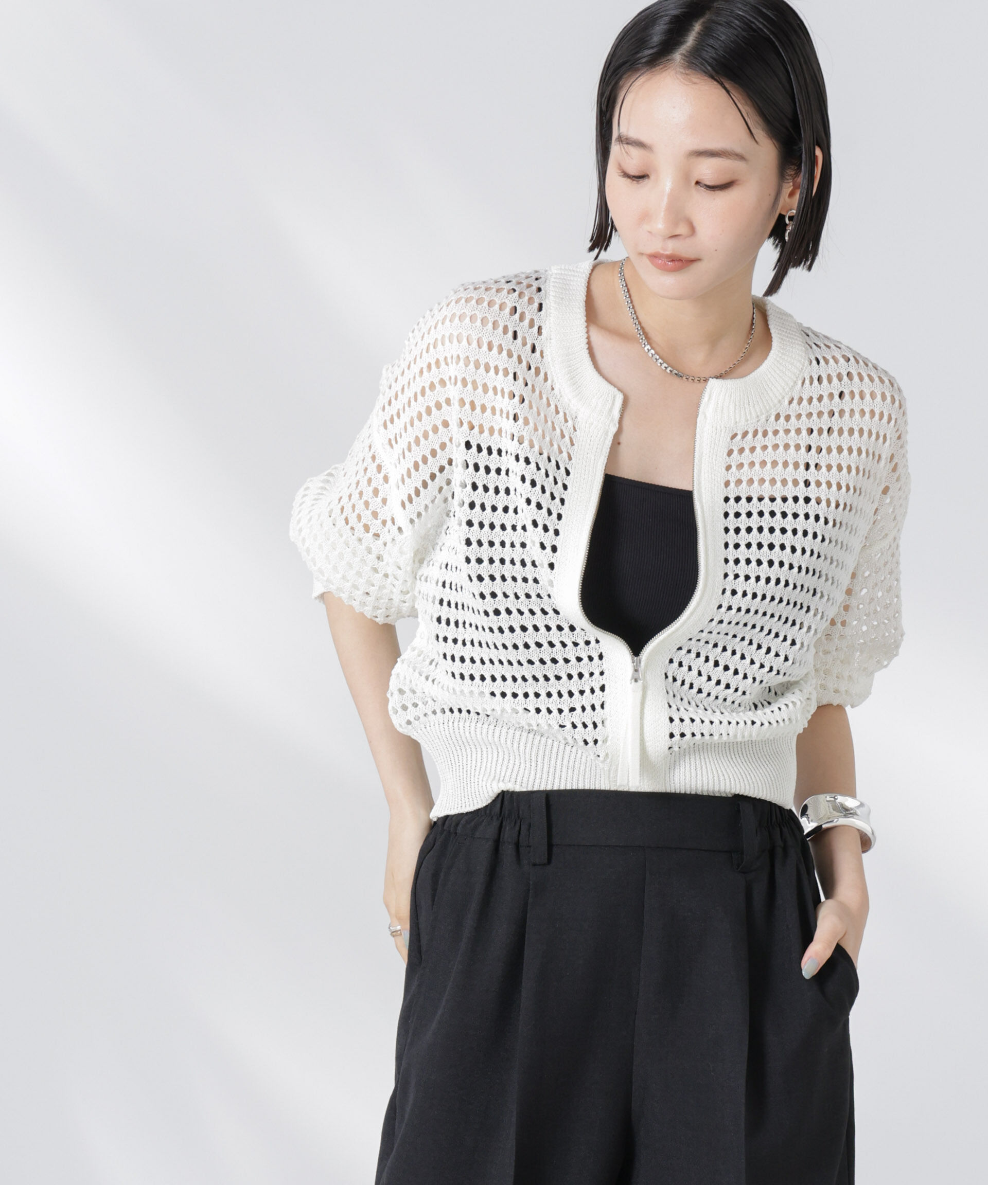 nano･universe「メッシュニットジップカーディガン」|ニット・セーター|