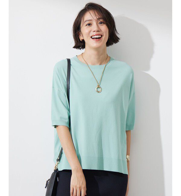 自由区「【接触冷感・UVカット・WEB限定カラーあり】クレープストレッチプルオーバー ニット」|ニット・セーター|アクア