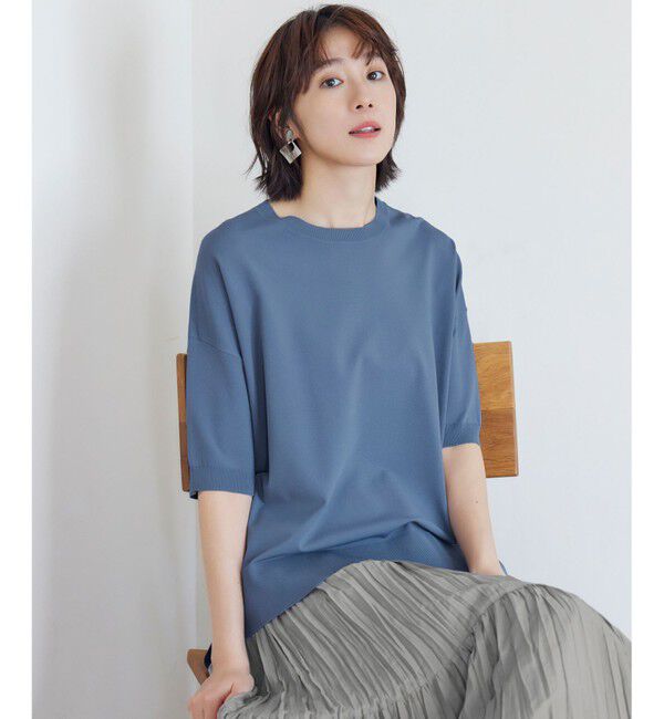 自由区「【接触冷感・UVカット・WEB限定カラーあり】クレープストレッチプルオーバー ニット」|ニット・セーター|[新色]ﾌﾞﾙｰ