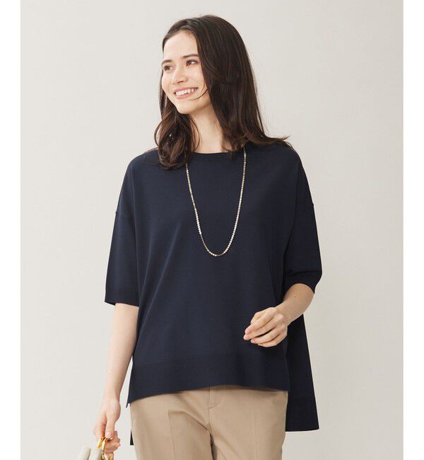 自由区「【接触冷感・UVカット・WEB限定カラーあり】クレープストレッチプルオーバー ニット」|ニット・セーター|ネイビー