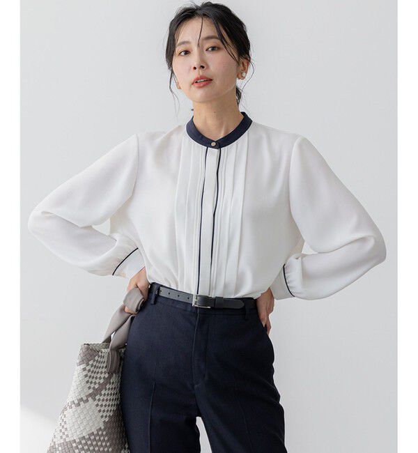 23区「【吸水速乾/UVケア/洗える】ストレッチクリアサテン バイカラー ブラウス」|シャツ・ブラウス|ﾎﾜｲﾄ&times;ﾈｲ