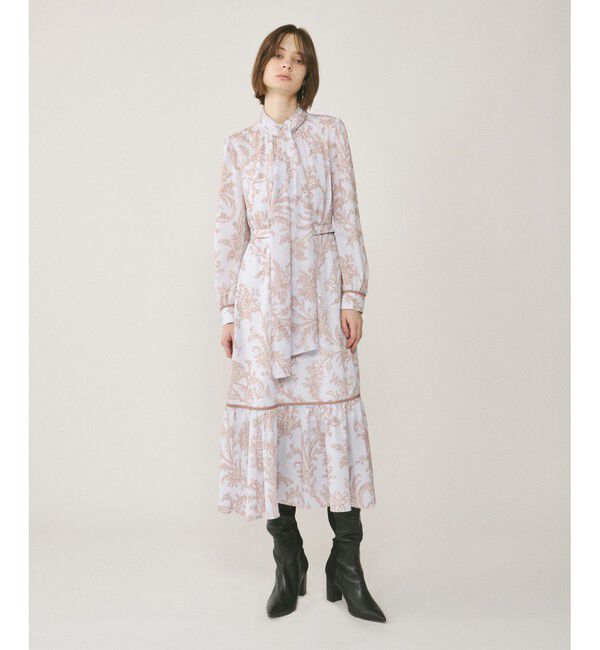 GRACE CONTINENTAL「サラサプリントリボン付ワンピース」|ワンピース|ベージュ