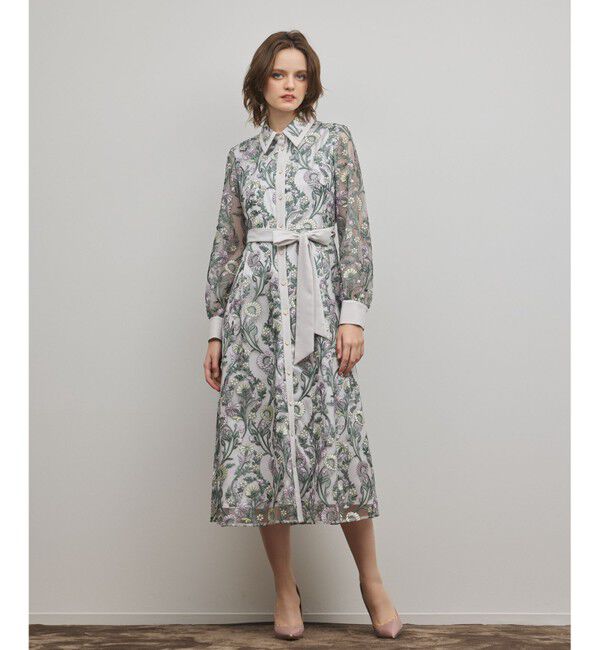 GRACE CONTINENTAL「マルチフラワー刺繍フレアワンピース」|ワンピース|グレー