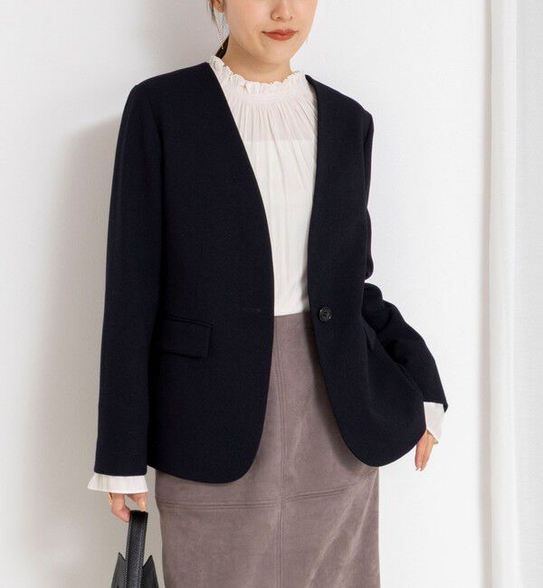 NOLLEY'S「《セットアップ対応》ウォッシャブルサージストレッチVネックジャケット」|ノーカラージャケット|ネイビー