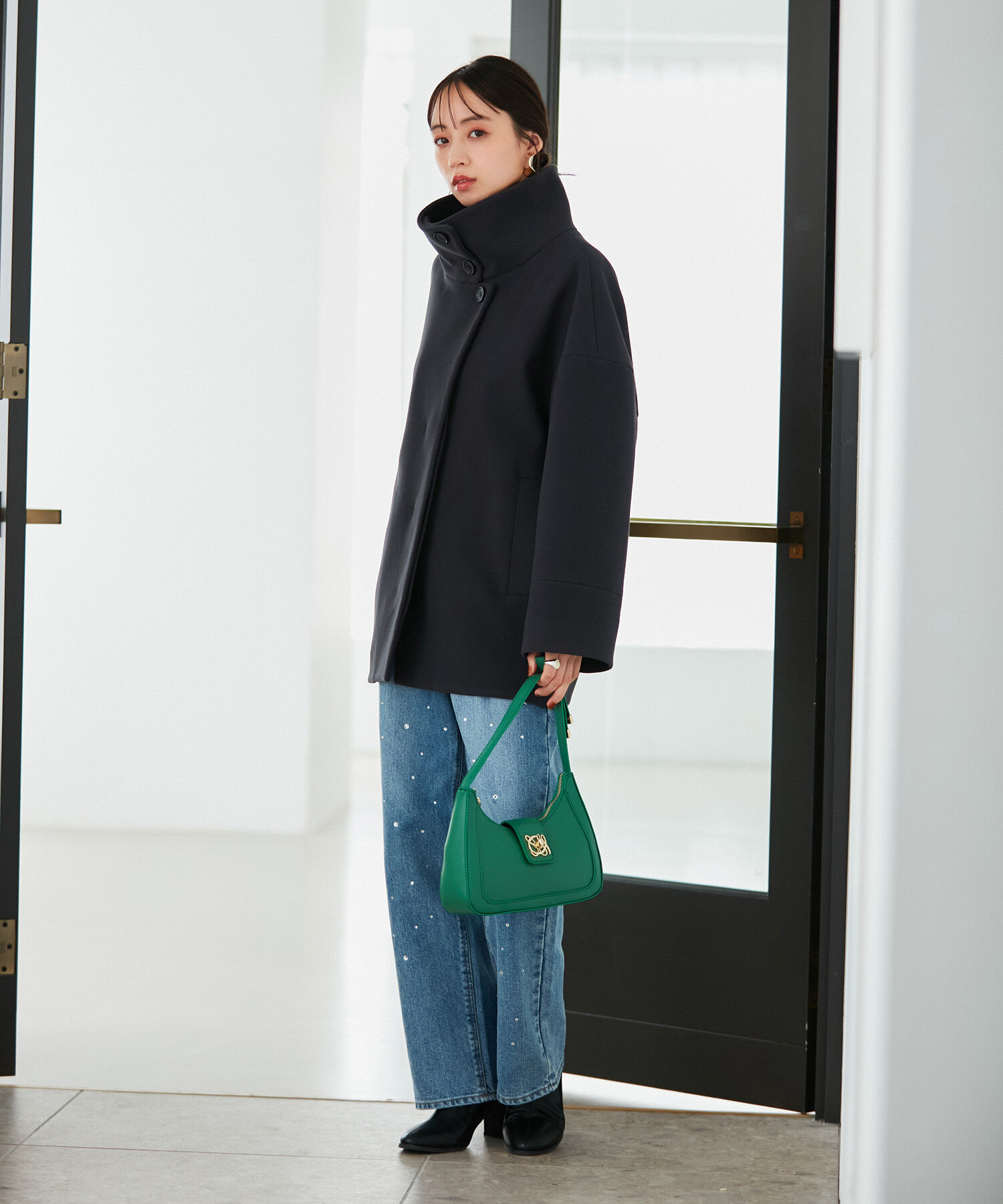 VIS「【静電気防止】ステン&スタンドカラージャージメルトンミドル丈コート」|ステンカラーコート|