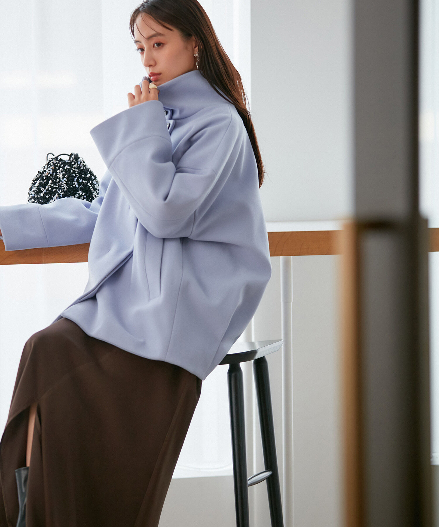 VIS「【静電気防止】ステン&スタンドカラージャージメルトンミドル丈コート」|ステンカラーコート|