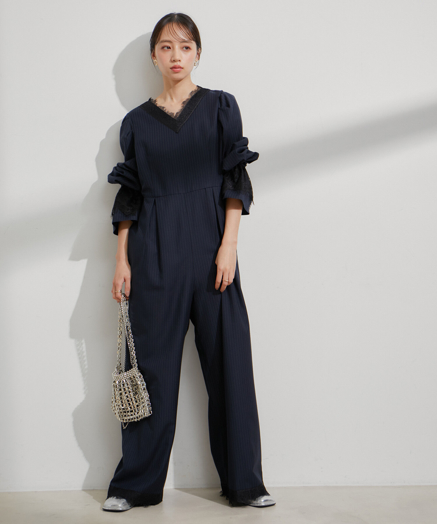 VIS「【VIS DRESS】ピンストライプレースオールインワン【洗える】」|オールインワン|