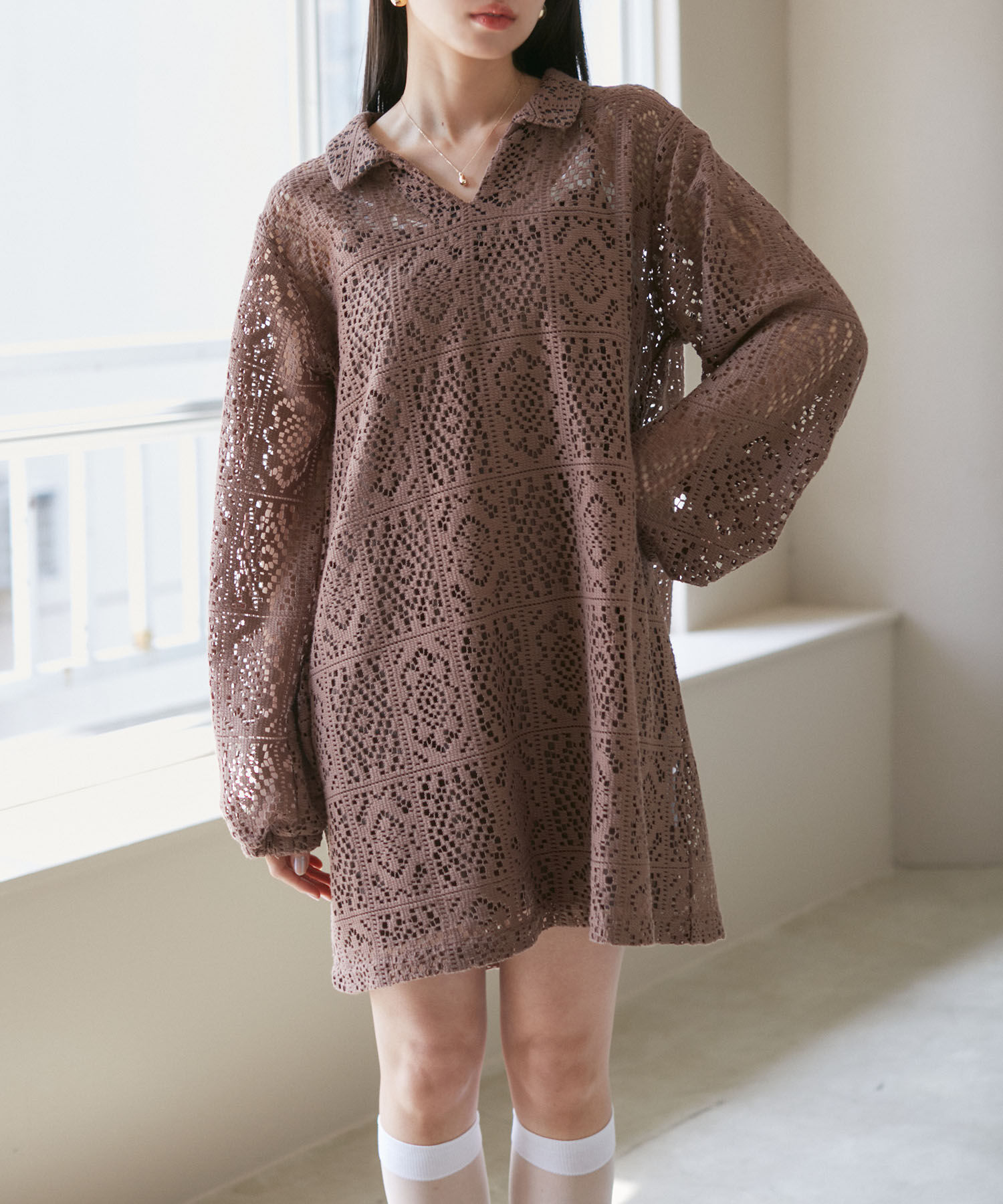 VIS「衿付きVネックレースミニワンピース」|ワンピース|