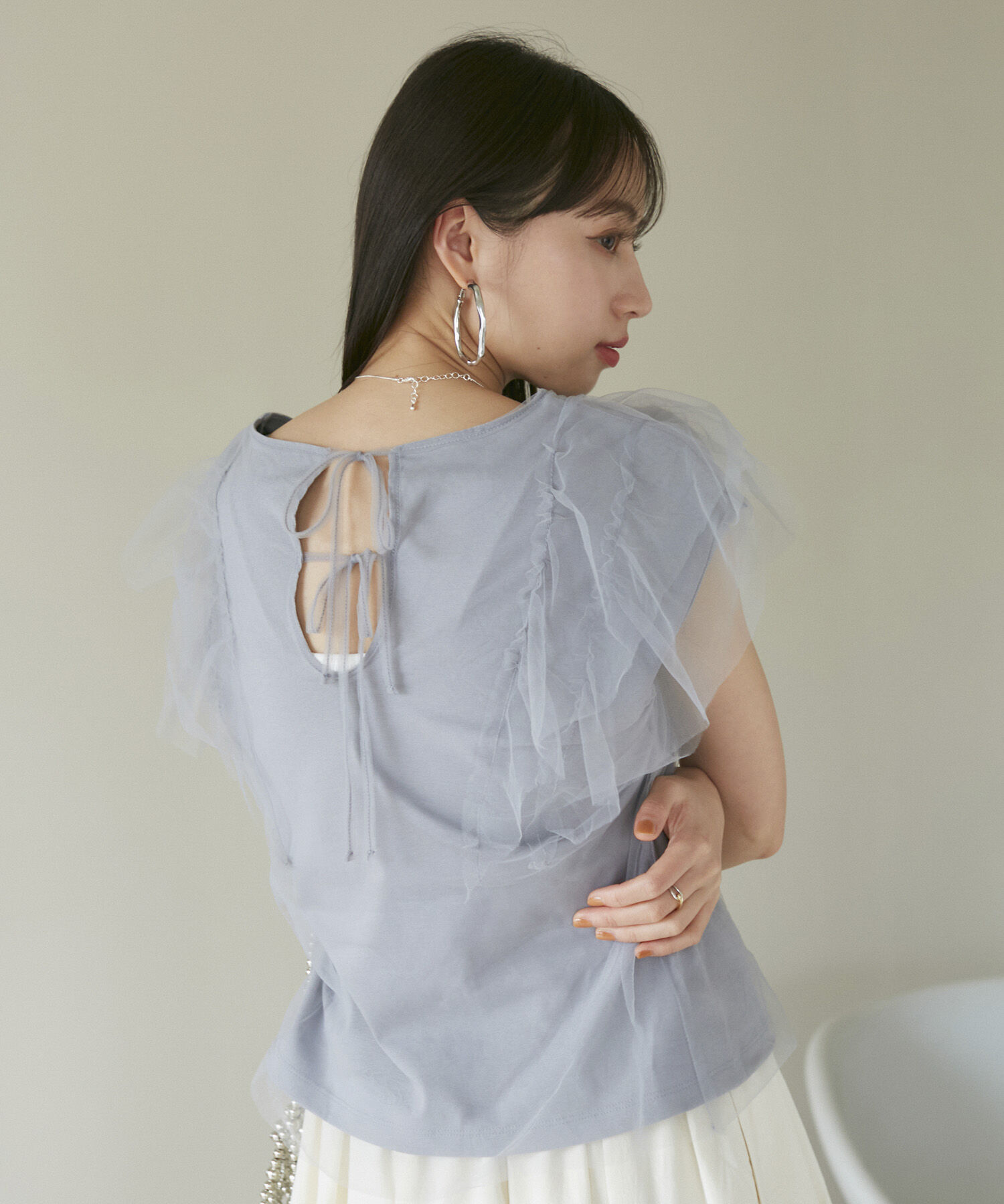 VIS「【洗える】バックリボンチュールドッキングプルオーバー」|Tシャツ・カットソー|