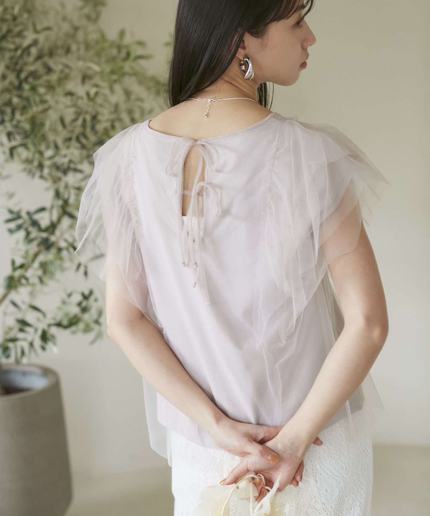 VIS「【洗える】バックリボンチュールドッキングプルオーバー」|Tシャツ・カットソー|