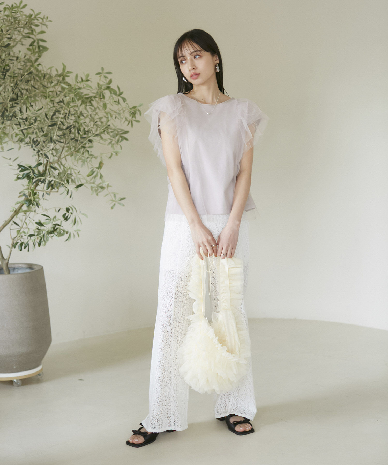 VIS「【洗える】バックリボンチュールドッキングプルオーバー」|Tシャツ・カットソー|