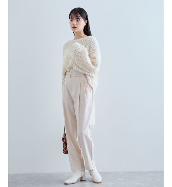 VIS「【美warm】ストレッチベルト付きハイウエストテーパードパンツ【アンチピリング/防シワ/洗える】」|チノ|