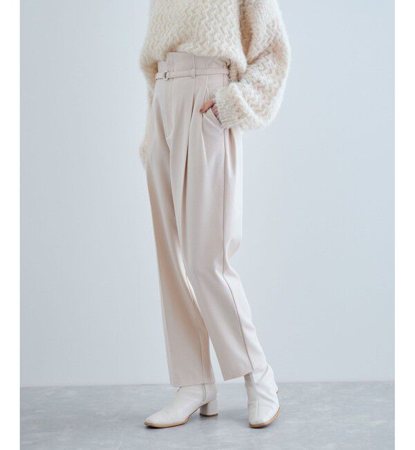 VIS「【美warm】ストレッチベルト付きハイウエストテーパードパンツ【アンチピリング/防シワ/洗える】」|チノ|ベージュサブ