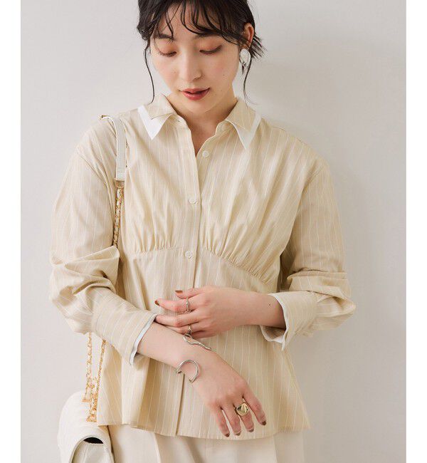 VIS「無地＆ストライプダブルカラーウエスト切り替えシャツ」|シャツ・ブラウス|ベージュ(27)