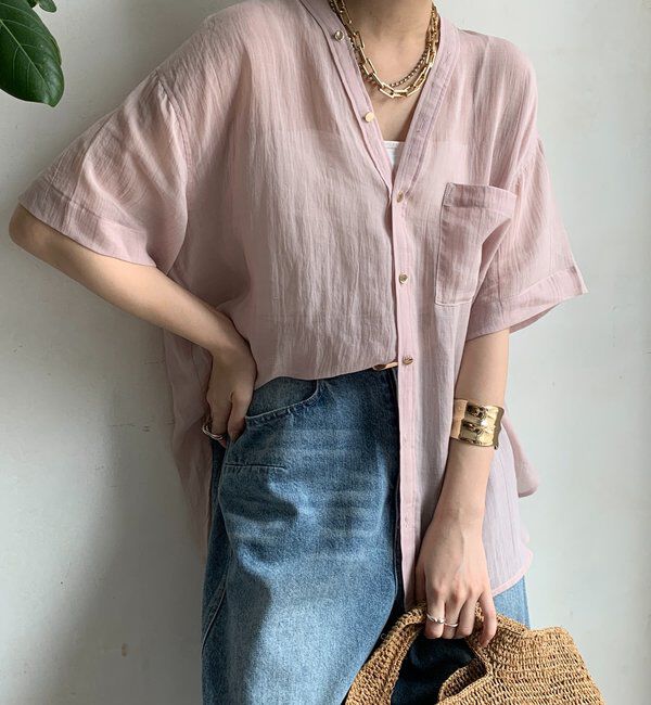  「リヨセルリネン半袖VVシャツ」|シャツ・ブラウス|ピンク