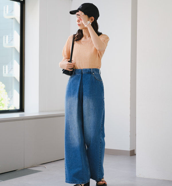  「【3サイズ】デニムタックワイドパンツ」|デニム|