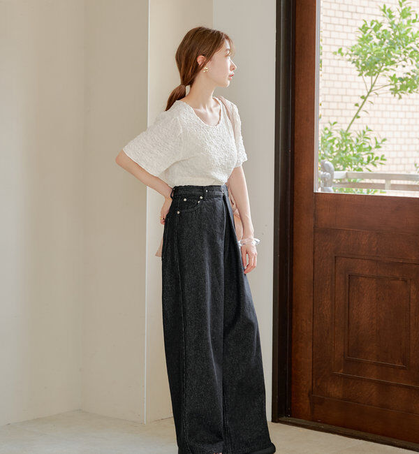  「【3サイズ】デニムタックワイドパンツ」|デニム|
