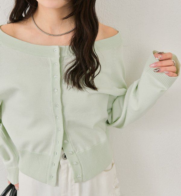 「ワイドネッククリアボタンカーディガン」|カーディガン|グリーン