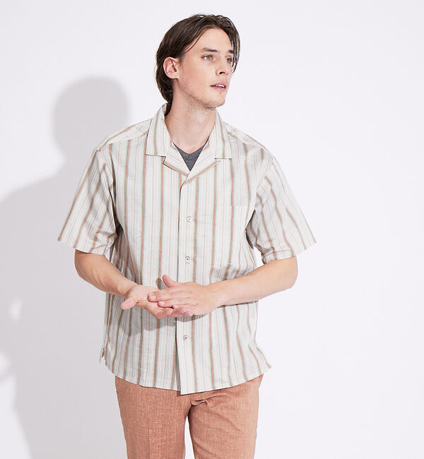 ABAHOUSE「オーバーサイズ オープンカラー ストライプ シャツ」|シャツ・ブラウス|ベージュ