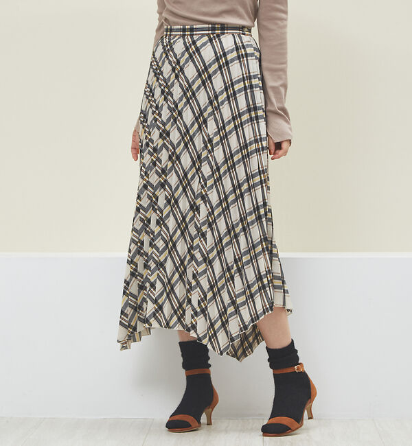 Rouge vif「ランダムヘムプリーツチェックスカート」|スカート|ベージュ