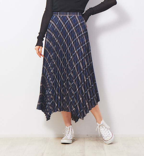 Rouge vif「ランダムヘムプリーツチェックスカート」|スカート|ネイビー