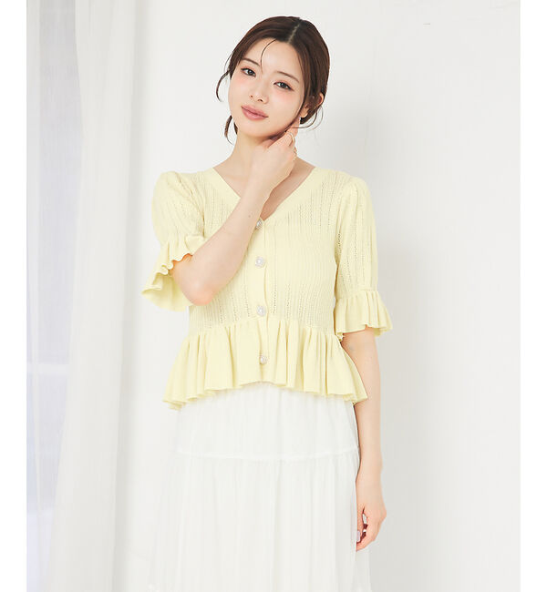 SELFIST「ビジューボタン付きペプラムニットカーデ」|カーディガン|イエロー