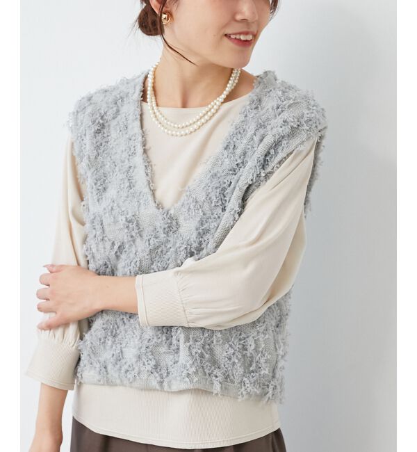 le.coeur blanc「《手洗い可能》フリンジ編みVネックベスト」|ベスト・ジレ|