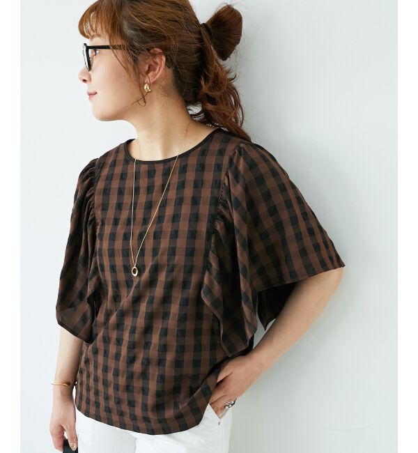  「《手洗い可能》ギンガムギャザーフレアスリーブブラウス」|シャツ・ブラウス|