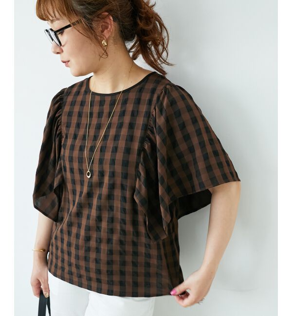  「《手洗い可能》ギンガムギャザーフレアスリーブブラウス」|シャツ・ブラウス|