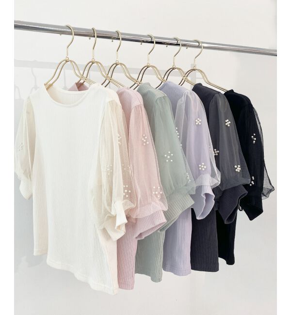  「パールチュールスリーブトップス」|Tシャツ・カットソー|