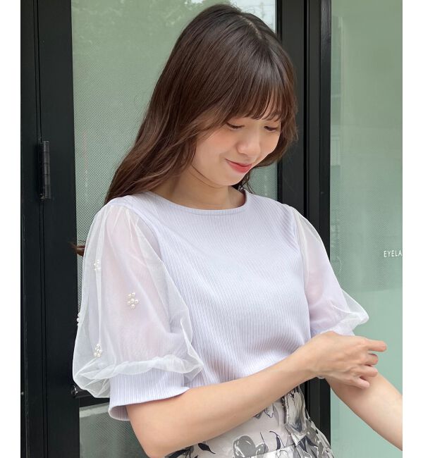 「パールチュールスリーブトップス」|Tシャツ・カットソー|