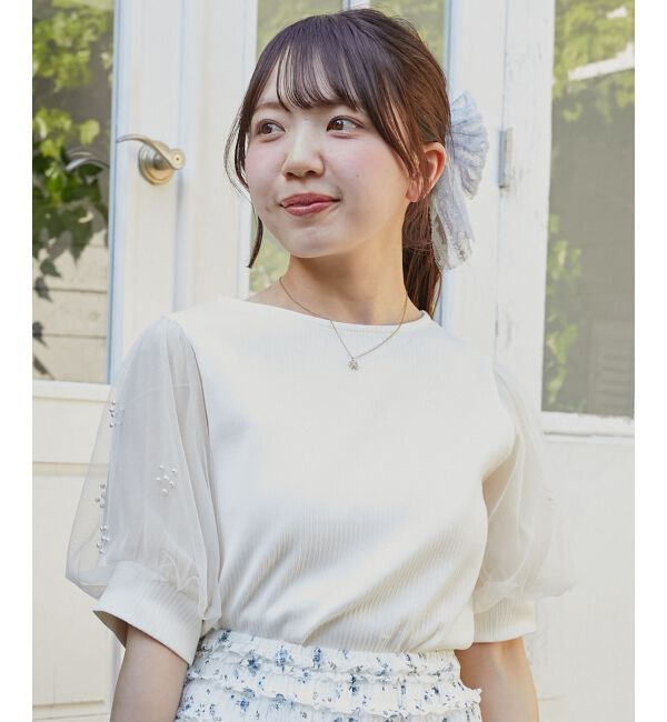  「パールチュールスリーブトップス」|Tシャツ・カットソー|