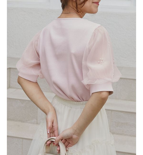  「パールチュールスリーブトップス」|Tシャツ・カットソー|