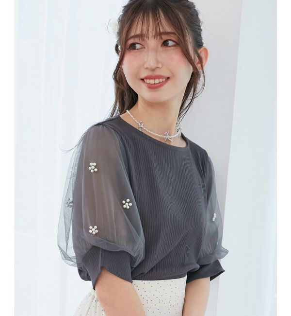  「パールチュールスリーブトップス」|Tシャツ・カットソー|