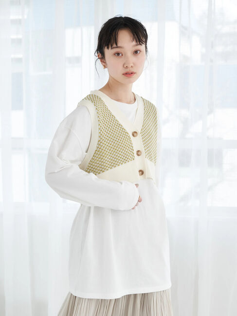 earth music&ecology「SET2点 ジャガードベスト+ロンT」|ニット・セーター|ライムグリーン