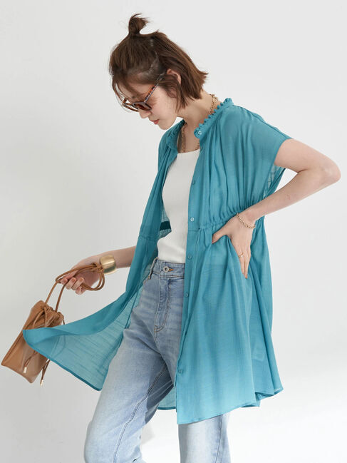 earth music&ecology「フレンチスリーブチュニック」|チュニック|エメラルドグリーン