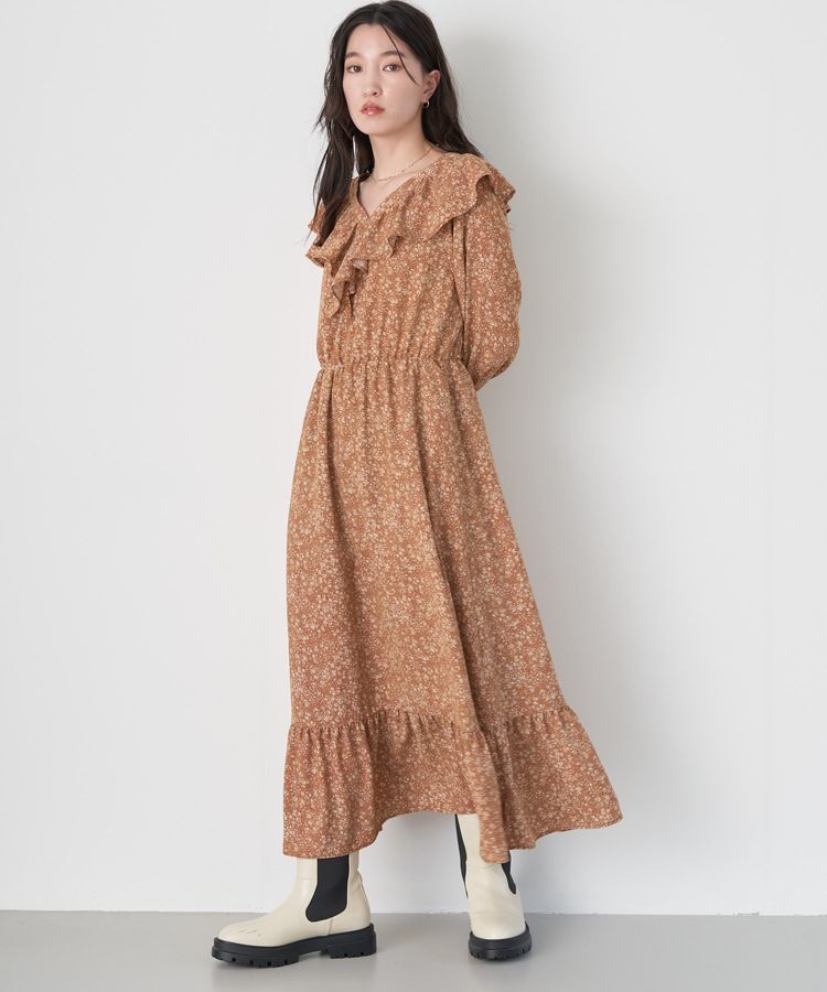earth music&ecology「小花柄ラッフルワンピース」|ワンピース|ブラウン