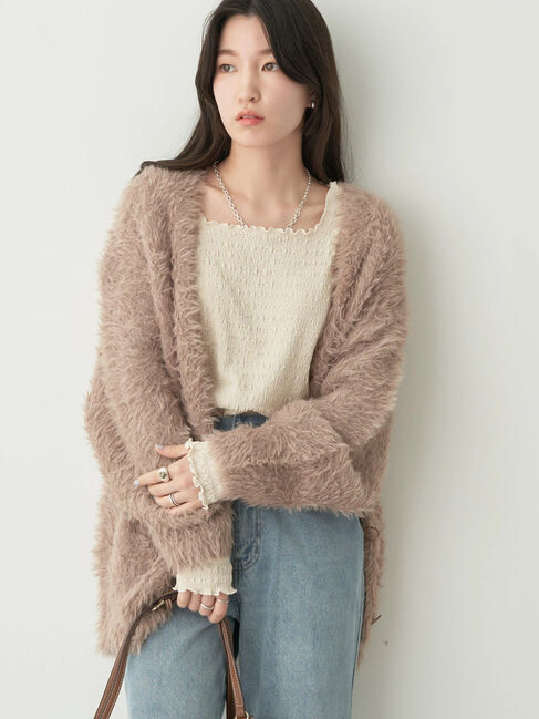 earth music&ecology「フェザーヤーンロングニットカーディガン」|カーディガン|ベージュ