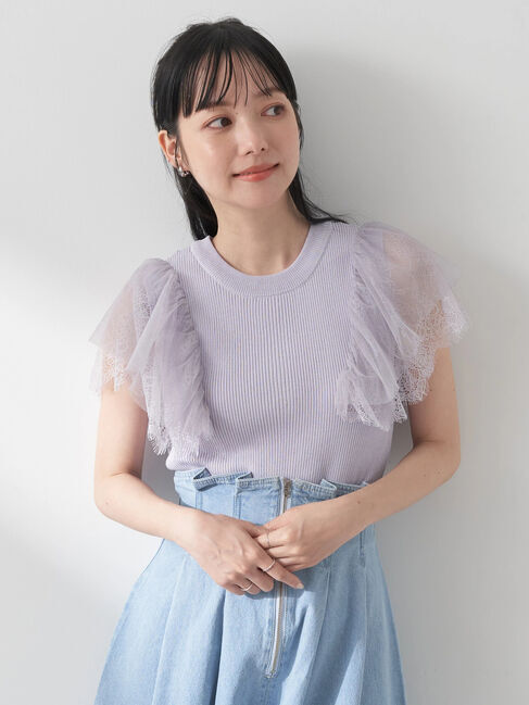 earth music&ecology「袖レースリブニットプルオーバー」|ニット・セーター|Lavender