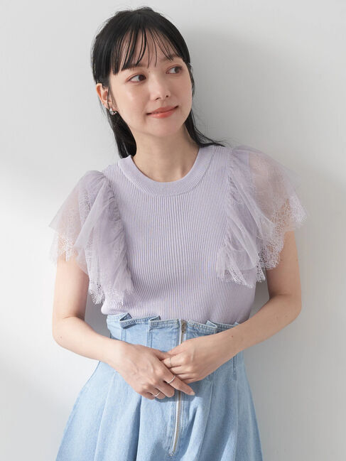 earth music&ecology「袖レースリブニットプルオーバー」|ニット・セーター|