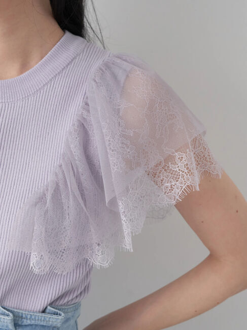 earth music&ecology「袖レースリブニットプルオーバー」|ニット・セーター|