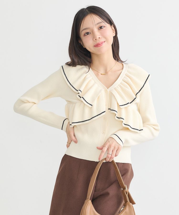 earth music&ecology「Vネックフリルニットカーディガン」|カーディガン|