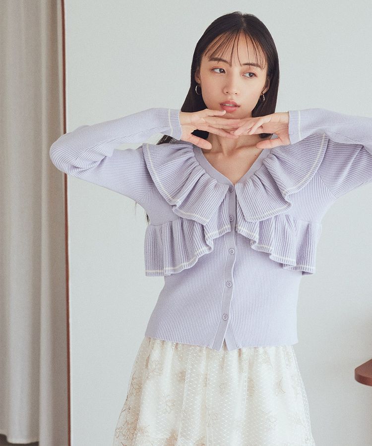 earth music&ecology「Vネックフリルニットカーディガン」|カーディガン|Lavender